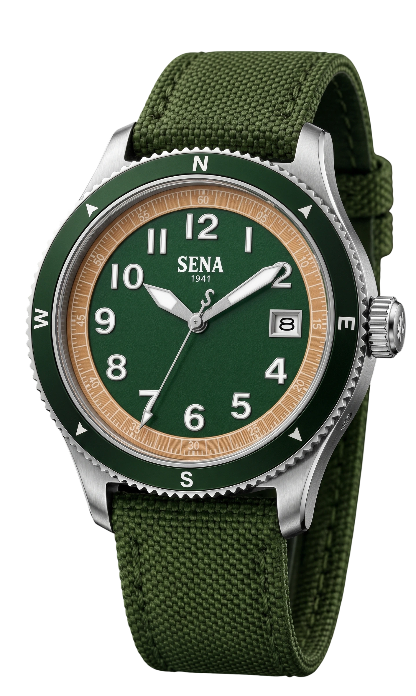 SENA Warisan 3-Hands Date Gents, Green — Full watch