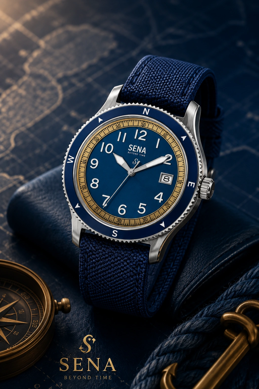 SENA Warisan 3-Hands Date Gents, Blue — In focus